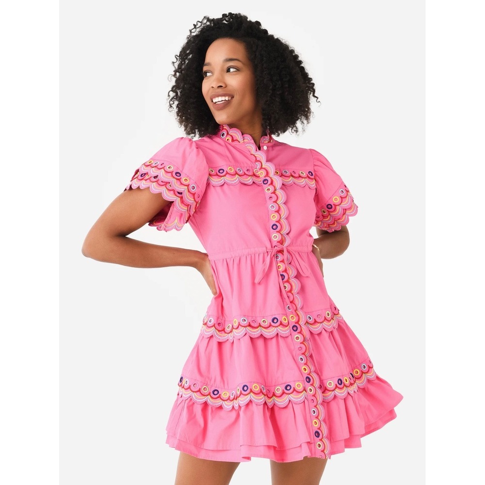 Celia B Marilla Dress Pink Embroidered Scalloped Eyelet Tiered Mini Dress XS